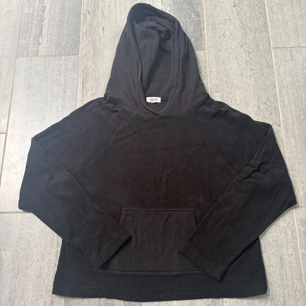GOLDIE Micro Terry Raglan Cropped Relaxed Cotton Hoodie Black Size Medium